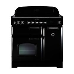Rangemaster Classic Deluxe 90cm Electric Induction 90220 Range Cooker in Black with Chrome Trim and Induction Hob